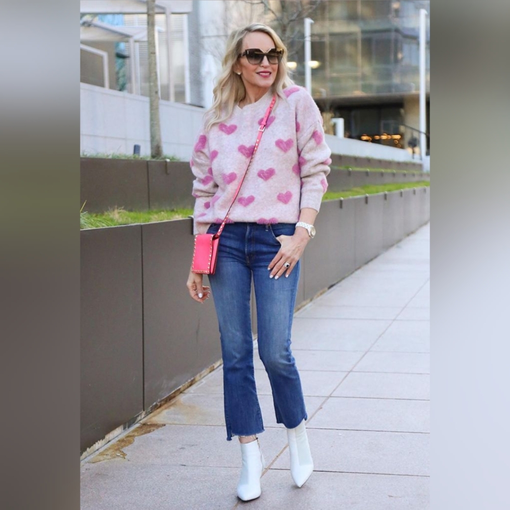 Chicwish Pink and Gray Crew Neck Sweater with Heart Pattern